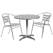 31.5'' Round Aluminum Indoor-Outdoor Table Set with 2 Slat Back Chairs, TLH-ALUM-32RD-017BCHR2-GG