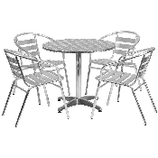 31.5'' Round Aluminum Indoor-Outdoor Table Set with 4 Slat Back Chairs, TLH-ALUM-32RD-017BCHR4-GG