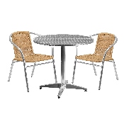 31.5'' Round Aluminum Indoor-Outdoor Table Set with 2 Beige Rattan Chairs, TLH-ALUM-32RD-020BGECHR2-GG