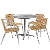 31.5'' Round Aluminum Indoor-Outdoor Table Set with 4 Beige Rattan Chairs, TLH-ALUM-32RD-020BGECHR4-GG