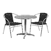 31.5'' Round Aluminum Indoor-Outdoor Table Set with 2 Black Rattan Chairs, TLH-ALUM-32RD-020BKCHR2-GG