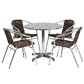 31.5'' Round Aluminum Indoor-Outdoor Table Set with 4 Dark Brown Rattan Chairs, TLH-ALUM-32RD-020CHR4-GG
