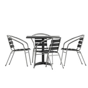 Lila 31.5'' Black Square Aluminum Indoor-Outdoor Table Set with 4 Black Slat Back Chairs, TLH-ALUM-32SQ-017BK4-GG