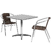 31.5'' Square Aluminum Indoor-Outdoor Table Set with 2 Dark Brown Rattan Chairs, TLH-ALUM-32SQ-020CHR2-GG