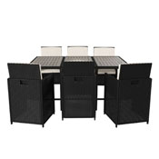 Peregrine 7 Piece Outdoor Patio Dining Set, Space Saving Black Wicker Modular Chairs-Cream Cushions & Gray Acacia Wood Table Top, TW-3WBE00-GY-GG