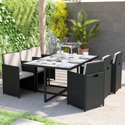 Peregrine 7 Piece Outdoor Patio Dining Set, Space Saving Black Wicker Modular Chairs-Cream Cushions & Gray Acacia Wood Table Top, TW-3WBE00-GY-GG