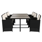 Peregrine 7 Piece Outdoor Patio Dining Set, Space Saving Black Wicker Modular Chairs-Cream Cushions & Gray Acacia Wood Table Top, TW-3WBE00-GY-GG