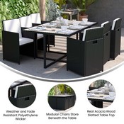 Peregrine 7 Piece Outdoor Patio Dining Set, Space Saving Black Wicker Modular Chairs-Cream Cushions & Gray Acacia Wood Table Top, TW-3WBE00-GY-GG