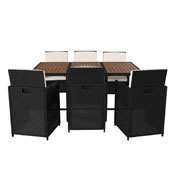 Peregrine 7 Piece Outdoor Patio Dining Set, Space Saving Black Wicker Modular Chairs-Cream Cushions & Natural Acacia Wood Table Top, TW-3WBE00-NAT-GG