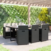 Peregrine 7 Piece Outdoor Patio Dining Set, Space Saving Black Wicker Modular Chairs-Cream Cushions & Natural Acacia Wood Table Top, TW-3WBE00-NAT-GG