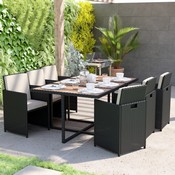 Peregrine 7 Piece Outdoor Patio Dining Set, Space Saving Black Wicker Modular Chairs-Cream Cushions & Natural Acacia Wood Table Top, TW-3WBE00-NAT-GG
