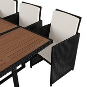 Peregrine 7 Piece Outdoor Patio Dining Set, Space Saving Black Wicker Modular Chairs-Cream Cushions & Natural Acacia Wood Table Top, TW-3WBE00-NAT-GG