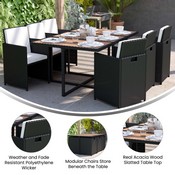Peregrine 7 Piece Outdoor Patio Dining Set, Space Saving Black Wicker Modular Chairs-Cream Cushions & Natural Acacia Wood Table Top, TW-3WBE00-NAT-GG