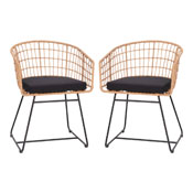 Devon Set of 2 Indoor/Outdoor Patio Boho Club Chairs, Rope with Natural PE Wicker Rattan, Black Cushions and Sled Base, TW-VN015-15-NAT-GG