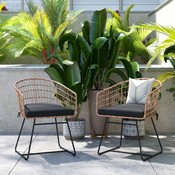 Devon Set of 2 Indoor/Outdoor Patio Boho Club Chairs, Rope with Natural PE Wicker Rattan, Black Cushions and Sled Base, TW-VN015-15-NAT-GG