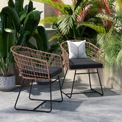 Devon Set of 2 Indoor/Outdoor Patio Boho Club Chairs, Rope with Natural PE Wicker Rattan, Black Cushions and Sled Base, TW-VN015-15-NAT-GG