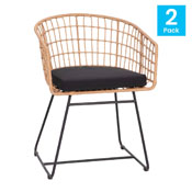Devon Set of 2 Indoor/Outdoor Patio Boho Club Chairs, Rope with Natural PE Wicker Rattan, Black Cushions and Sled Base, TW-VN015-15-NAT-GG