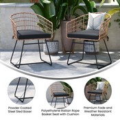 Devon Set of 2 Indoor/Outdoor Patio Boho Club Chairs, Rope with Natural PE Wicker Rattan, Black Cushions and Sled Base, TW-VN015-15-NAT-GG