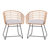 Devon Set of 2 Indoor/Outdoor Patio Boho Club Chairs, Rope with Natural PE Wicker Rattan, Light Gray Cushions and Sled Base, TW-VN015-15-NAT-LGY-GG