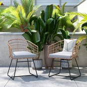 Devon Set of 2 Indoor/Outdoor Patio Boho Club Chairs, Rope with Natural PE Wicker Rattan, Light Gray Cushions and Sled Base, TW-VN015-15-NAT-LGY-GG