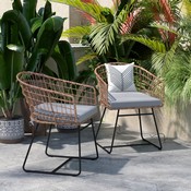 Devon Set of 2 Indoor/Outdoor Patio Boho Club Chairs, Rope with Natural PE Wicker Rattan, Light Gray Cushions and Sled Base, TW-VN015-15-NAT-LGY-GG
