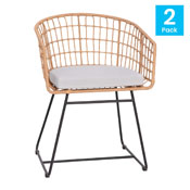 Devon Set of 2 Indoor/Outdoor Patio Boho Club Chairs, Rope with Natural PE Wicker Rattan, Light Gray Cushions and Sled Base, TW-VN015-15-NAT-LGY-GG