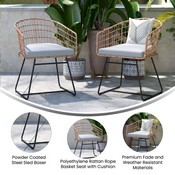 Devon Set of 2 Indoor/Outdoor Patio Boho Club Chairs, Rope with Natural PE Wicker Rattan, Light Gray Cushions and Sled Base, TW-VN015-15-NAT-LGY-GG