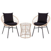 Devon 3-Piece Tan Indoor/Outdoor Bistro Set, Papasan Style Rattan Rope Chairs, Glass Top Side Table & Black Cushions, TW-VN017-18-TAN-BK-GG