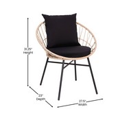 Devon 3-Piece Tan Indoor/Outdoor Bistro Set, Papasan Style Rattan Rope Chairs, Glass Top Side Table & Black Cushions, TW-VN017-18-TAN-BK-GG