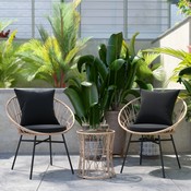 Devon 3-Piece Tan Indoor/Outdoor Bistro Set, Papasan Style Rattan Rope Chairs, Glass Top Side Table & Black Cushions, TW-VN017-18-TAN-BK-GG