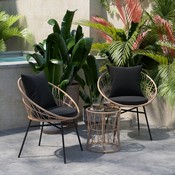 Devon 3-Piece Tan Indoor/Outdoor Bistro Set, Papasan Style Rattan Rope Chairs, Glass Top Side Table & Black Cushions, TW-VN017-18-TAN-BK-GG