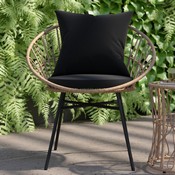 Devon 3-Piece Tan Indoor/Outdoor Bistro Set, Papasan Style Rattan Rope Chairs, Glass Top Side Table & Black Cushions, TW-VN017-18-TAN-BK-GG