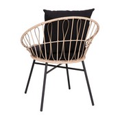Devon 3-Piece Tan Indoor/Outdoor Bistro Set, Papasan Style Rattan Rope Chairs, Glass Top Side Table & Black Cushions, TW-VN017-18-TAN-BK-GG