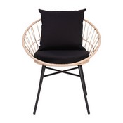 Devon 3-Piece Tan Indoor/Outdoor Bistro Set, Papasan Style Rattan Rope Chairs, Glass Top Side Table & Black Cushions, TW-VN017-18-TAN-BK-GG