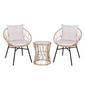 Devon 3-Piece Tan Indoor/Outdoor Bistro Set, Papasan Style Rattan Rope Chairs, Glass Top Side Table & Light Gray Cushions, TW-VN017-18-TAN-GG