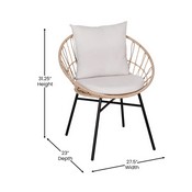 Devon 3-Piece Tan Indoor/Outdoor Bistro Set, Papasan Style Rattan Rope Chairs, Glass Top Side Table & Light Gray Cushions, TW-VN017-18-TAN-GG