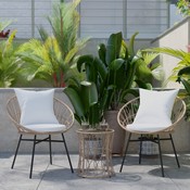 Devon 3-Piece Tan Indoor/Outdoor Bistro Set, Papasan Style Rattan Rope Chairs, Glass Top Side Table & Light Gray Cushions, TW-VN017-18-TAN-GG