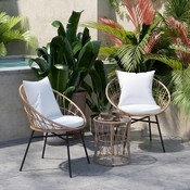 Devon 3-Piece Tan Indoor/Outdoor Bistro Set, Papasan Style Rattan Rope Chairs, Glass Top Side Table & Light Gray Cushions, TW-VN017-18-TAN-GG