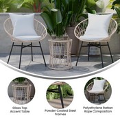 Devon 3-Piece Tan Indoor/Outdoor Bistro Set, Papasan Style Rattan Rope Chairs, Glass Top Side Table & Light Gray Cushions, TW-VN017-18-TAN-GG
