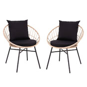 Devon Set of 2 Indoor/Outdoor Modern Papasan Patio Chairs, Rope with Tan Finish PE Wicker Rattan and Black Cushions, TW-VN017-TAN-BK-GG