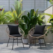 Devon Set of 2 Indoor/Outdoor Modern Papasan Patio Chairs, Rope with Tan Finish PE Wicker Rattan and Black Cushions, TW-VN017-TAN-BK-GG