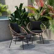 Devon Set of 2 Indoor/Outdoor Modern Papasan Patio Chairs, Rope with Tan Finish PE Wicker Rattan and Black Cushions, TW-VN017-TAN-BK-GG
