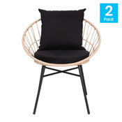 Devon Set of 2 Indoor/Outdoor Modern Papasan Patio Chairs, Rope with Tan Finish PE Wicker Rattan and Black Cushions, TW-VN017-TAN-BK-GG