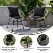 Devon Set of 2 Indoor/Outdoor Modern Papasan Patio Chairs, Rope with Tan Finish PE Wicker Rattan and Black Cushions, TW-VN017-TAN-BK-GG