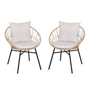 Devon Set of 2 Indoor/Outdoor Modern Papasan Patio Chairs, Rope with Tan Finish PE Wicker Rattan and Light Gray Cushions, TW-VN017-TAN-GG