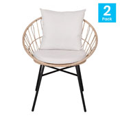 Devon Set of 2 Indoor/Outdoor Modern Papasan Patio Chairs, Rope with Tan Finish PE Wicker Rattan and Light Gray Cushions, TW-VN017-TAN-GG