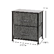 2 Drawer Wood Top Black Nightstand Storage Organizer with Cast Iron Frame and Dark Gray Easy Pull Fabric Drawers, WX-5L200-BK-GR-GG