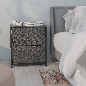 2 Drawer Wood Top Black Nightstand Storage Organizer with Cast Iron Frame and Dark Gray Easy Pull Fabric Drawers, WX-5L200-BK-GR-GG