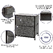 2 Drawer Wood Top Black Nightstand Storage Organizer with Cast Iron Frame and Dark Gray Easy Pull Fabric Drawers, WX-5L200-BK-GR-GG