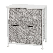 2 Drawer Wood Top White Nightstand Storage Organizer with Cast Iron Frame and Light Gray Easy Pull Fabric Drawers, WX-5L200-WH-GR-GG